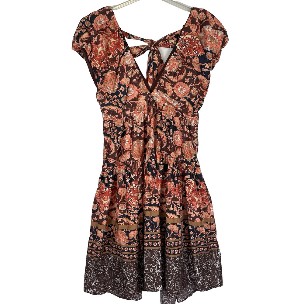 By Anthropologie Printed V-Neck Babydoll Dress Size 10 Red Orange Floral Tiered